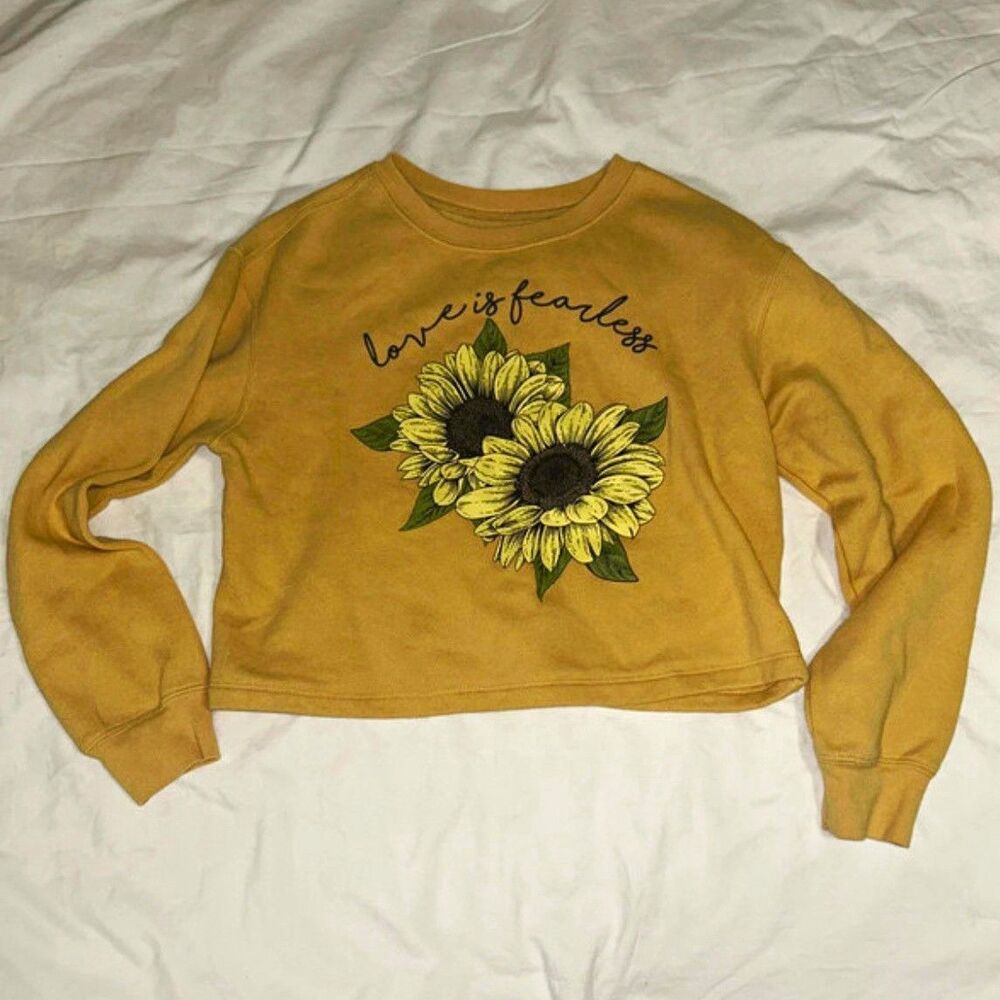 Awake Women's XS Tan Crewneck Cropped Sweatshirt Love Is Fearless
